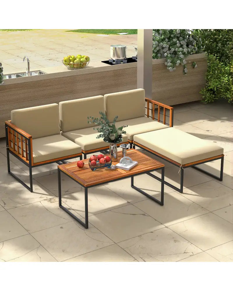 5 Pieces Patio Furniture Set Acacia Wood Sectional Set with Heavy-Duty Metal Frame-Beige - Beige - Outdoor Sectionals