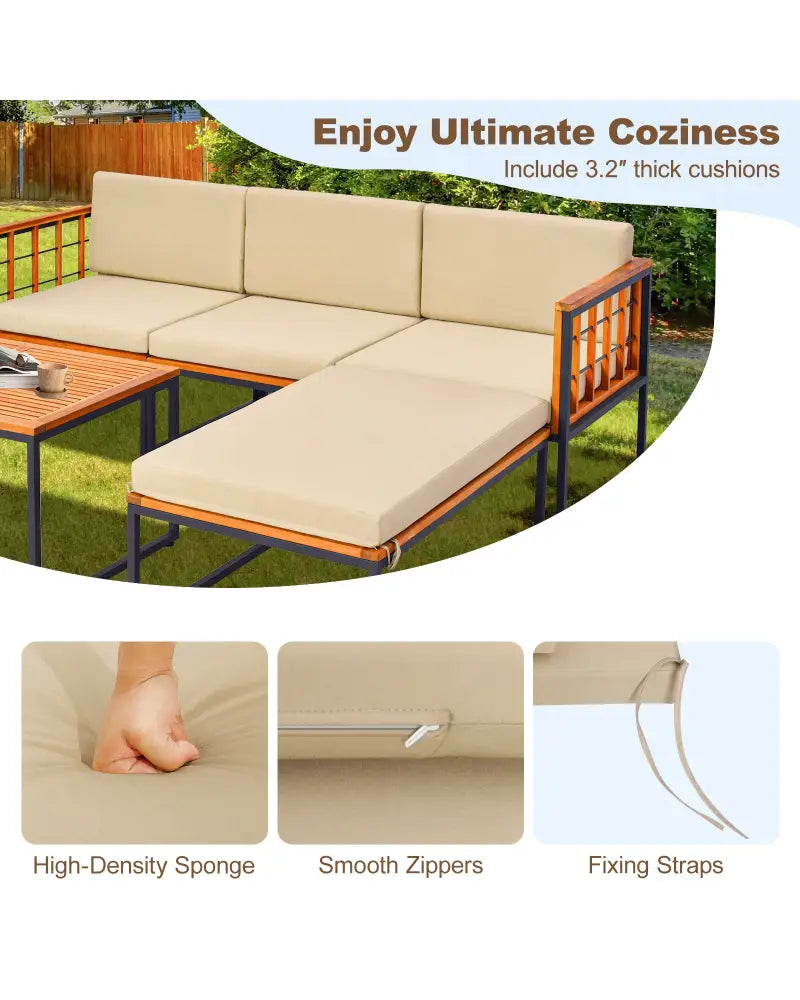 5 Pieces Patio Furniture Set Acacia Wood Sectional Set with Heavy-Duty Metal Frame-Beige - Beige - Outdoor Sectionals