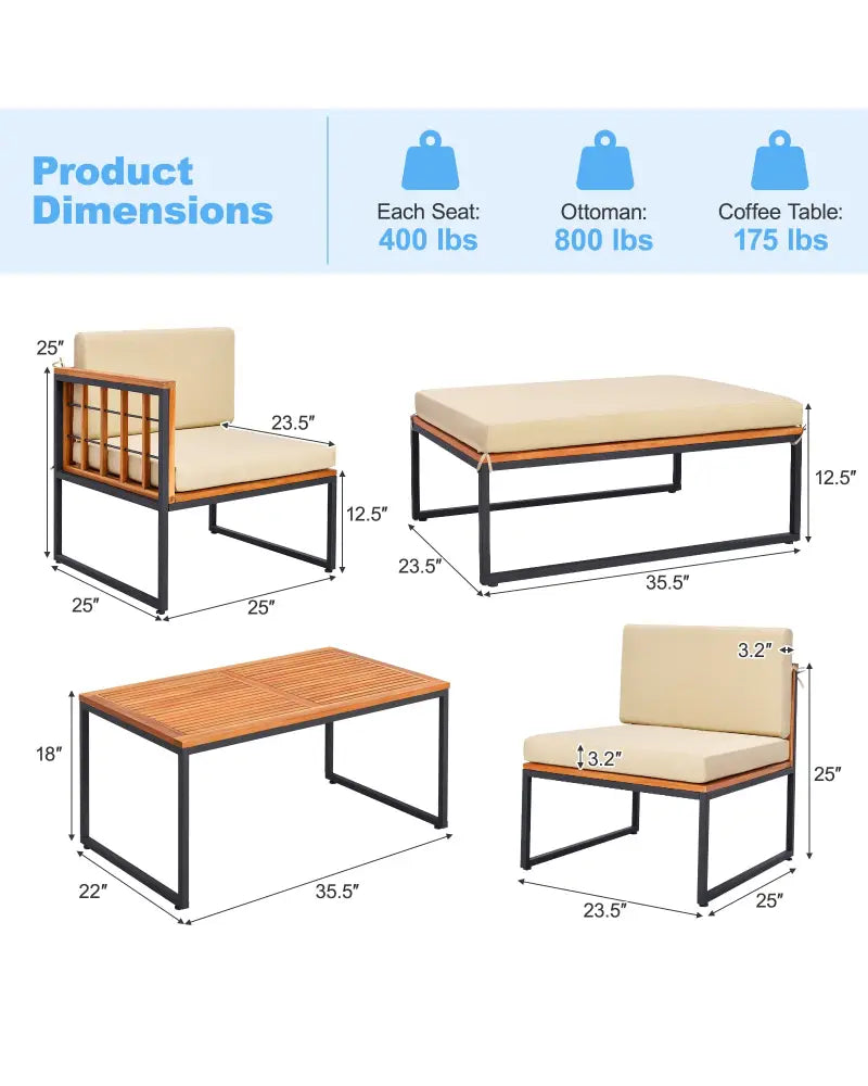5 Pieces Patio Furniture Set Acacia Wood Sectional Set with Heavy-Duty Metal Frame-Beige - Beige - Outdoor Sectionals