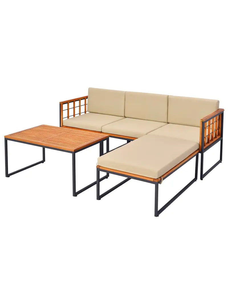 5 Pieces Patio Furniture Set Acacia Wood Sectional Set with Heavy-Duty Metal Frame-Beige - Beige - Outdoor Sectionals