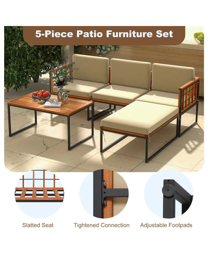 5 Pieces Patio Furniture Set Acacia Wood Sectional Set with Heavy-Duty Metal Frame-Beige - Beige - Outdoor Sectionals