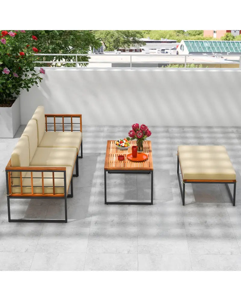 5 Pieces Patio Furniture Set Acacia Wood Sectional Set with Heavy-Duty Metal Frame-Beige - Beige - Outdoor Sectionals