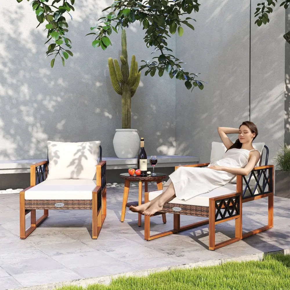 5 Pieces Patio Furniture Set PE Rattan Outdoor Conversation Set with Acacia Wood - Patio Conversation Sets