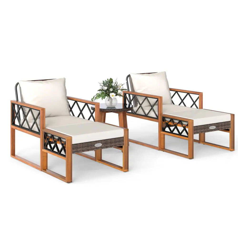 5 Pieces Patio Furniture Set PE Rattan Outdoor Conversation Set with Acacia Wood - Patio Conversation Sets