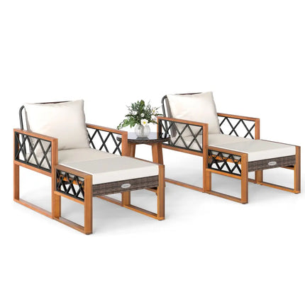 5 Pieces Patio Furniture Set PE Rattan Outdoor Conversation Set with Acacia Wood - Patio Conversation Sets