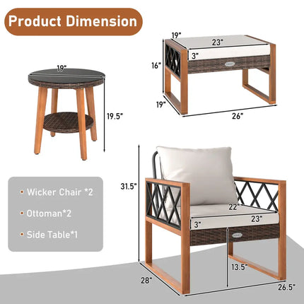 5 Pieces Patio Furniture Set PE Rattan Outdoor Conversation Set with Acacia Wood - Patio Conversation Sets