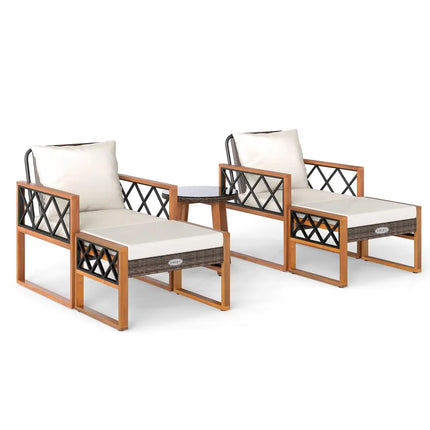 5 Pieces Patio Furniture Set PE Rattan Outdoor Conversation Set with Acacia Wood - Patio Conversation Sets