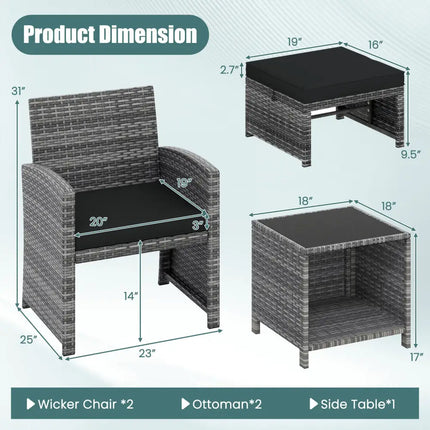 5 Pieces Patio Furniture Set PE Wicker Outdoor Lounge Chairs with 2 Ottomans-Black - Black - Outdoor Sectionals