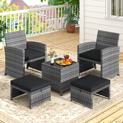 5 Pieces Patio Furniture Set PE Wicker Outdoor Lounge Chairs with 2 Ottomans-Black - Black - Outdoor Sectionals