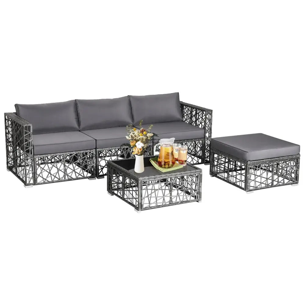 5 Pieces Patio PE Rattan Wicker Sofa Furniture Set-Gray - Gray - Outdoor Sectionals