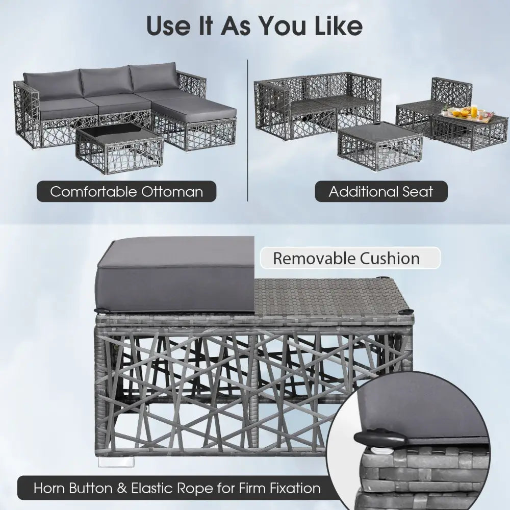 5 Pieces Patio PE Rattan Wicker Sofa Furniture Set-Gray - Gray - Outdoor Sectionals