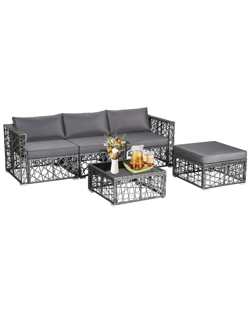 5 Pieces Patio PE Rattan Wicker Sofa Furniture Set-Gray - Gray - Outdoor Sectionals