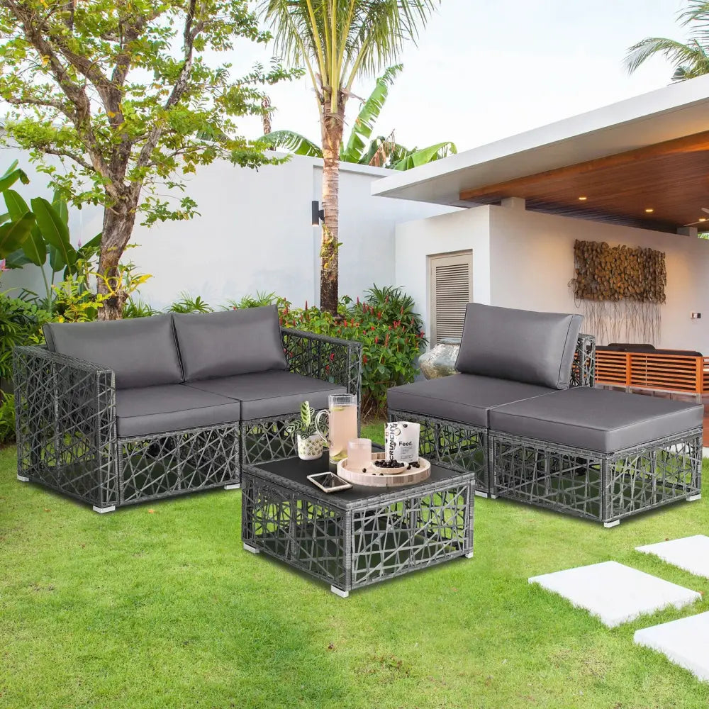 5 Pieces Patio PE Rattan Wicker Sofa Furniture Set-Gray - Gray - Outdoor Sectionals