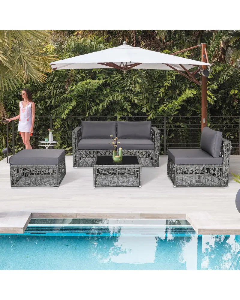 5 Pieces Patio PE Rattan Wicker Sofa Furniture Set-Gray - Gray - Outdoor Sectionals
