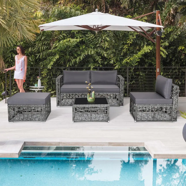 5 Pieces Patio PE Rattan Wicker Sofa Furniture Set-Gray - Gray - Outdoor Sectionals