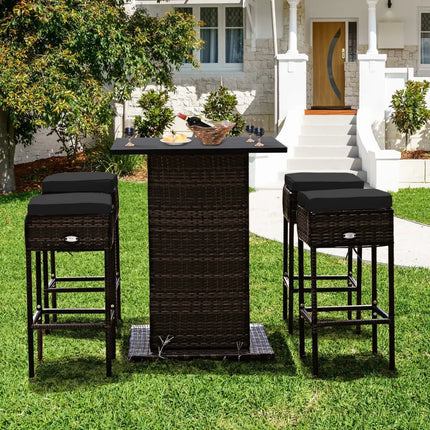 5 Pieces Patio Rattan Bar Furniture Set with Cushions and Hidden Storage Shelf-Black - Black - Patio Bar Furniture