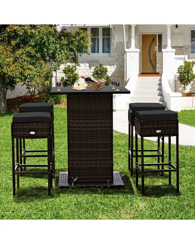 5 Pieces Patio Rattan Bar Furniture Set with Cushions and Hidden Storage Shelf-Black - Black - Patio Bar Furniture