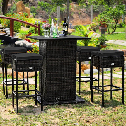 5 Pieces Patio Rattan Bar Furniture Set with Cushions and Hidden Storage Shelf-Black - Black - Patio Bar Furniture