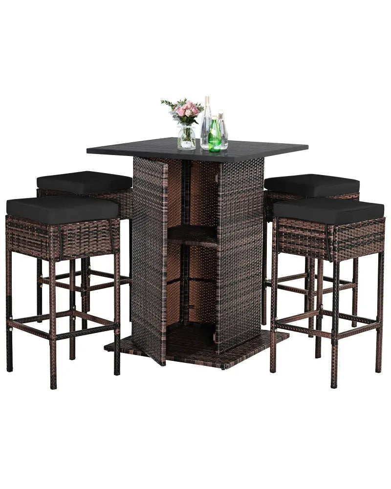 5 Pieces Patio Rattan Bar Furniture Set with Cushions and Hidden Storage Shelf-Black - Black - Patio Bar Furniture