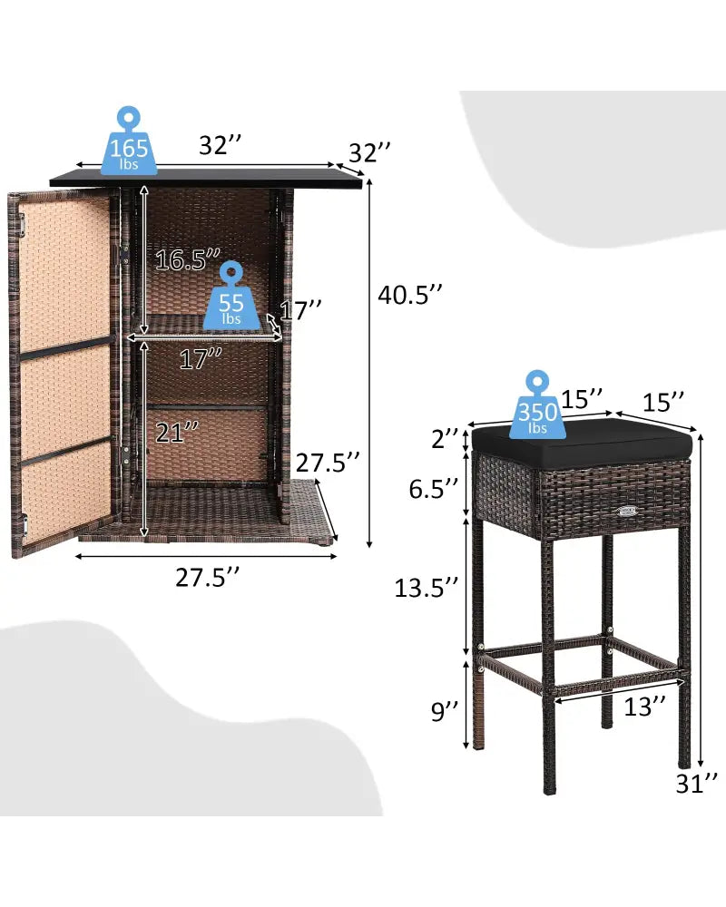 5 Pieces Patio Rattan Bar Furniture Set with Cushions and Hidden Storage Shelf-Black - Black - Patio Bar Furniture