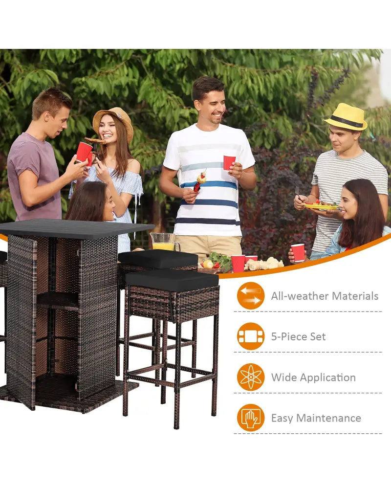 5 Pieces Patio Rattan Bar Furniture Set with Cushions and Hidden Storage Shelf-Black - Black - Patio Bar Furniture