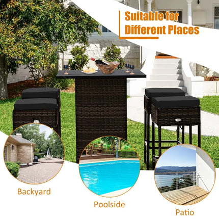 5 Pieces Patio Rattan Bar Furniture Set with Cushions and Hidden Storage Shelf-Black - Black - Patio Bar Furniture