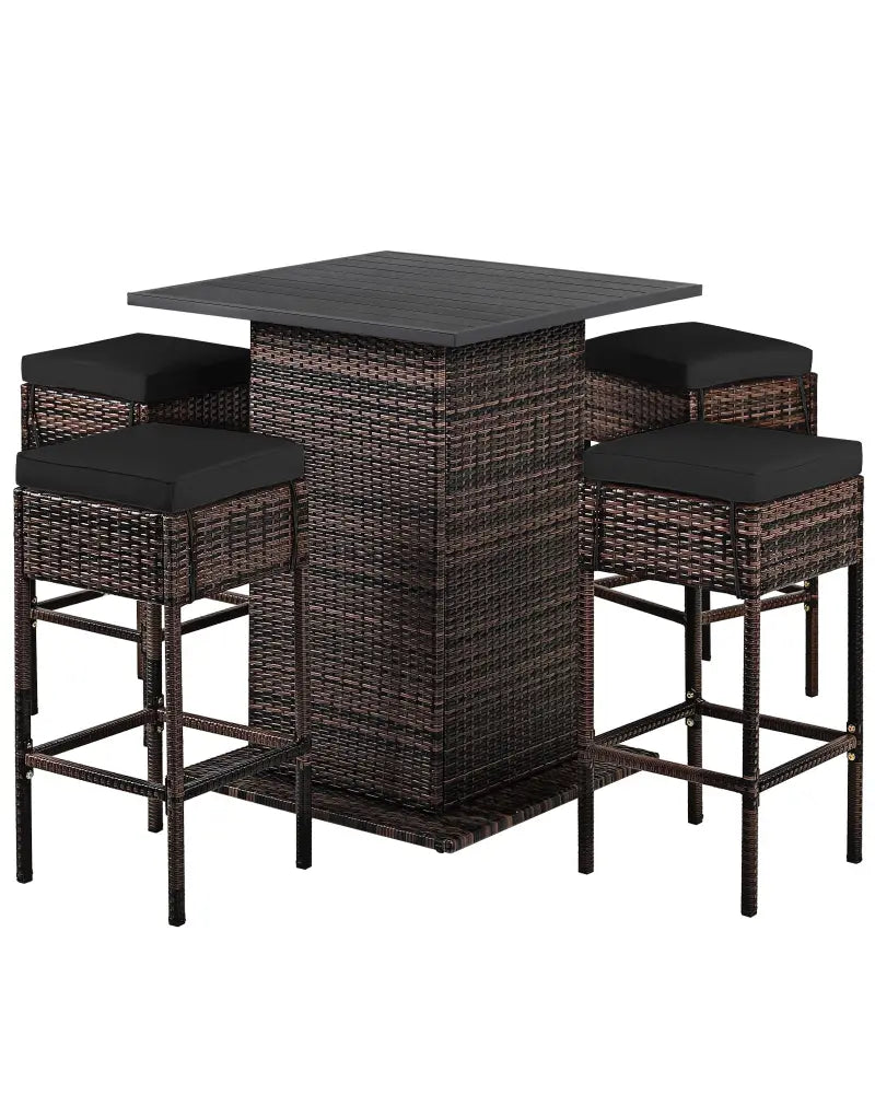 5 Pieces Patio Rattan Bar Furniture Set with Cushions and Hidden Storage Shelf-Black - Black - Patio Bar Furniture