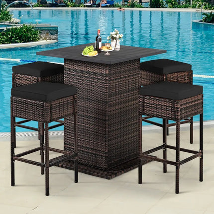 5 Pieces Patio Rattan Bar Furniture Set with Cushions and Hidden Storage Shelf-Black - Black - Patio Bar Furniture