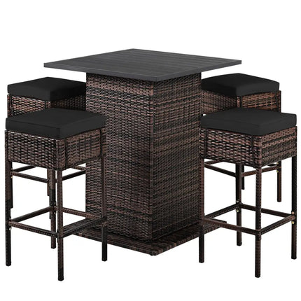 5 Pieces Patio Rattan Bar Furniture Set with Cushions and Hidden Storage Shelf-Black - Black - Patio Bar Furniture