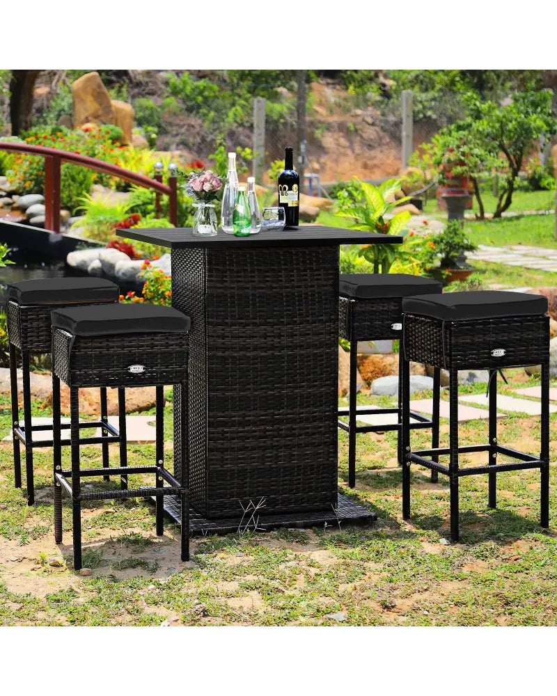 5 Pieces Patio Rattan Bar Furniture Set with Cushions and Hidden Storage Shelf-Black - Black - Patio Bar Furniture