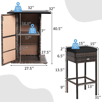 5 Pieces Patio Rattan Bar Furniture Set with Cushions and Hidden Storage Shelf-Black - Black - Patio Bar Furniture