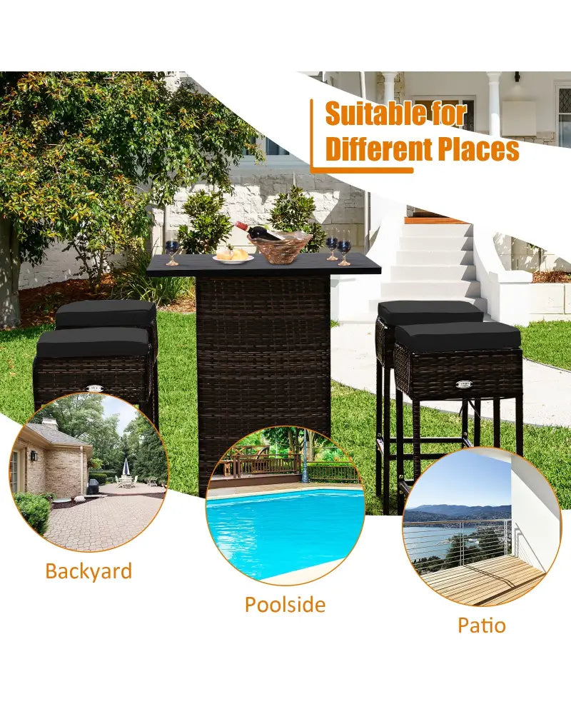 5 Pieces Patio Rattan Bar Furniture Set with Cushions and Hidden Storage Shelf-Black - Black - Patio Bar Furniture