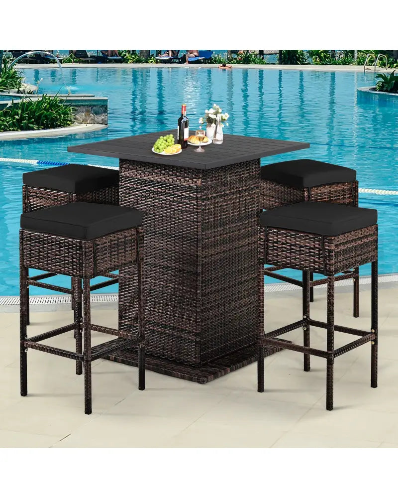 5 Pieces Patio Rattan Bar Furniture Set with Cushions and Hidden Storage Shelf-Black - Black - Patio Bar Furniture