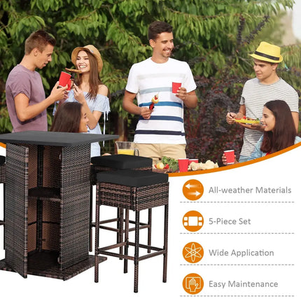 5 Pieces Patio Rattan Bar Furniture Set with Cushions and Hidden Storage Shelf-Black - Black - Patio Bar Furniture