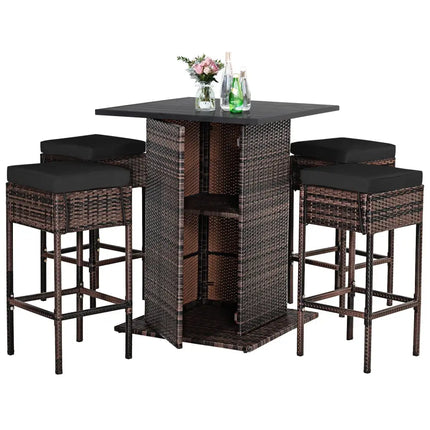 5 Pieces Patio Rattan Bar Furniture Set with Cushions and Hidden Storage Shelf-Black - Black - Patio Bar Furniture