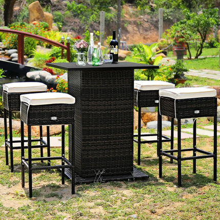 5 Pieces Patio Rattan Bar Table Stool Set Hidden Storage Shelf Cushioned-White - White - Patio Bar Furniture