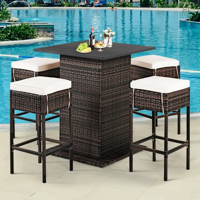 5 Pieces Patio Rattan Bar Table Stool Set Hidden Storage Shelf Cushioned-White - White - Patio Bar Furniture