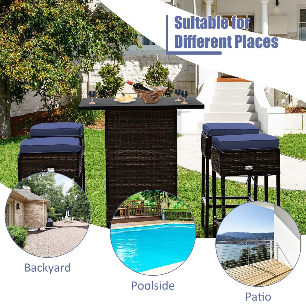 5 Pieces Patio Rattan Bar Table Stool Set Hidden Storage Shelf Cushioned-Navy - Navy - Patio Bar Furniture