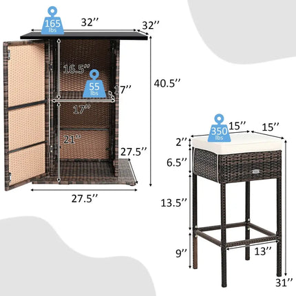 5 Pieces Patio Rattan Bar Table Stool Set Hidden Storage Shelf Cushioned-White - White - Patio Bar Furniture