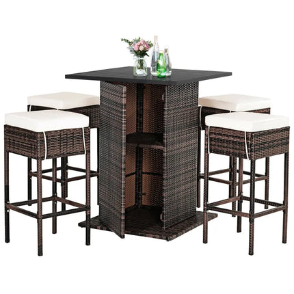 5 Pieces Patio Rattan Bar Table Stool Set Hidden Storage Shelf Cushioned-White - White - Patio Bar Furniture