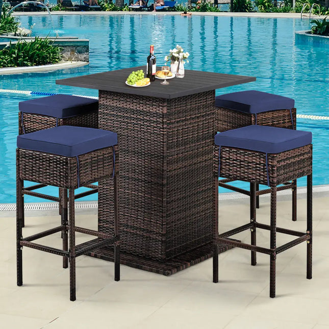 5 Pieces Patio Rattan Bar Table Stool Set Hidden Storage Shelf Cushioned-Navy - Navy - Patio Bar Furniture