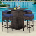 5 Pieces Patio Rattan Bar Table Stool Set Hidden Storage Shelf Cushioned-Navy - Navy - Patio Bar Furniture