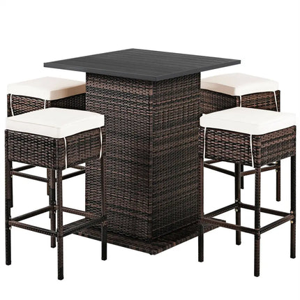 5 Pieces Patio Rattan Bar Table Stool Set Hidden Storage Shelf Cushioned-White - White - Patio Bar Furniture