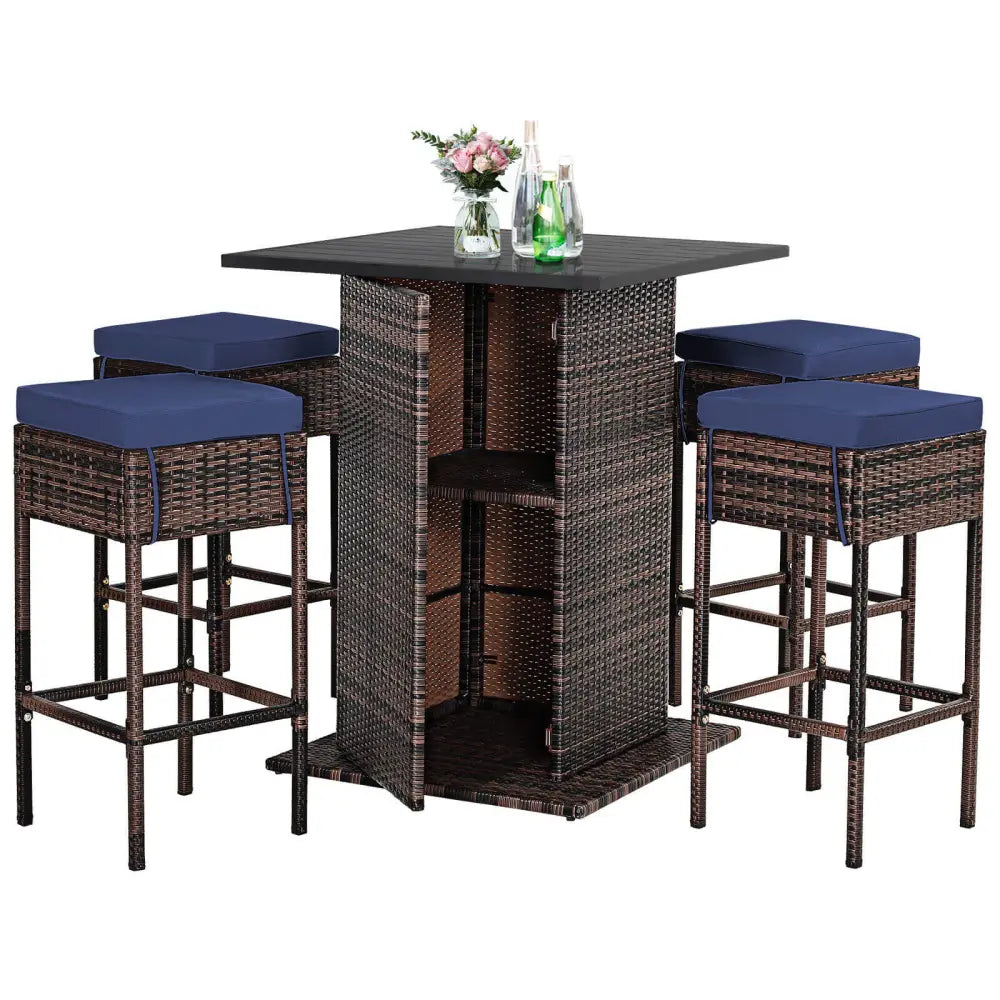 5 Pieces Patio Rattan Bar Table Stool Set Hidden Storage Shelf Cushioned-Navy - Navy - Patio Bar Furniture