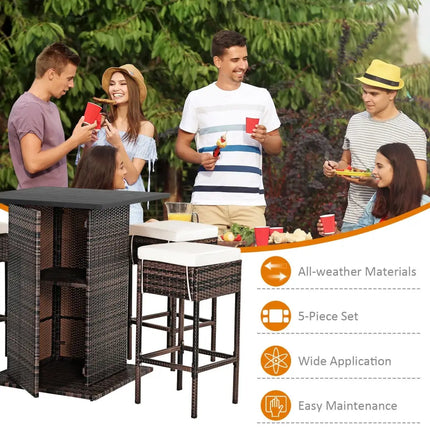 5 Pieces Patio Rattan Bar Table Stool Set Hidden Storage Shelf Cushioned-White - White - Patio Bar Furniture
