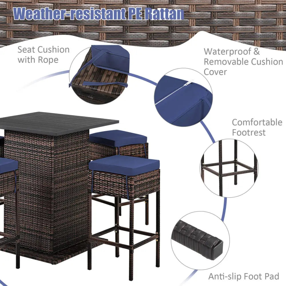 5 Pieces Patio Rattan Bar Table Stool Set Hidden Storage Shelf Cushioned-Navy - Navy - Patio Bar Furniture