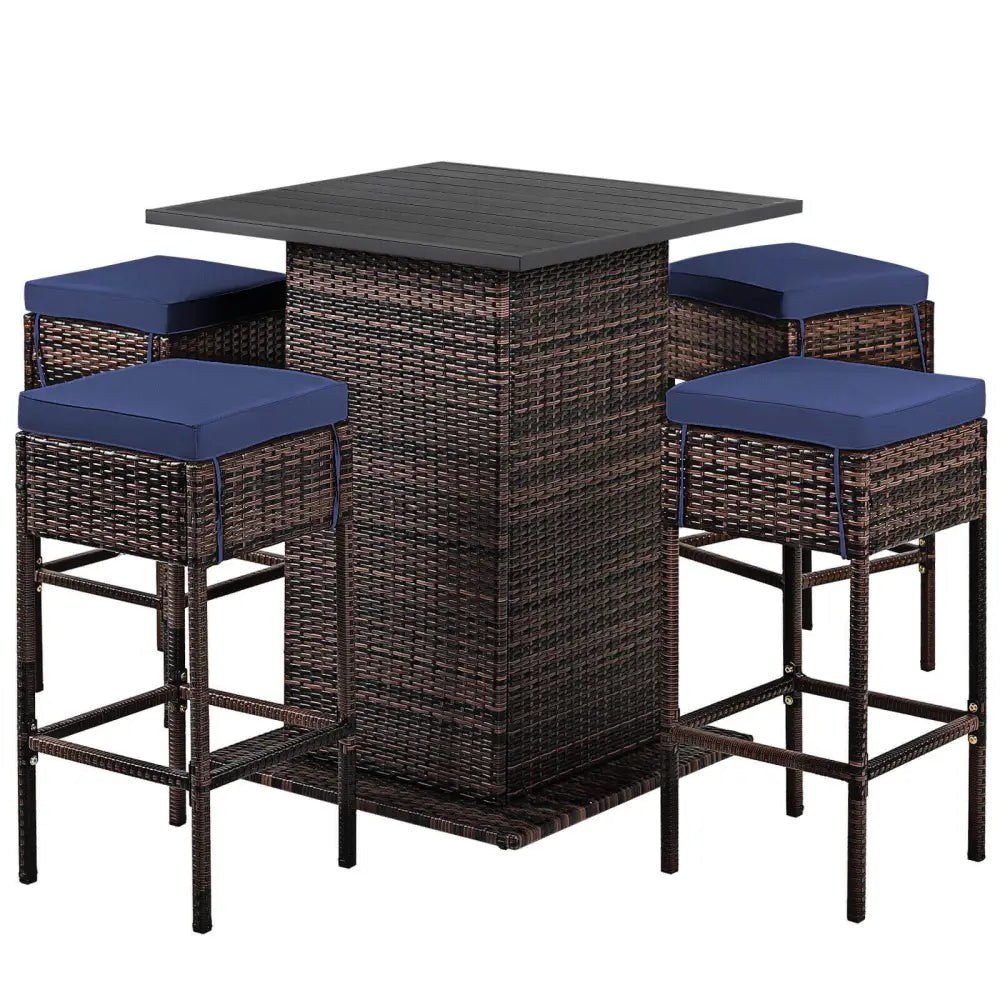5 Pieces Patio Rattan Bar Table Stool Set Hidden Storage Shelf Cushioned-Navy - Navy - Patio Bar Furniture