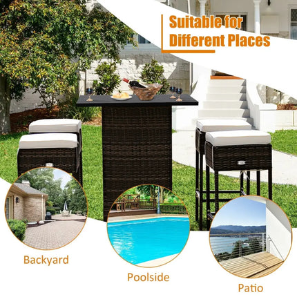5 Pieces Patio Rattan Bar Table Stool Set Hidden Storage Shelf Cushioned-White - White - Patio Bar Furniture