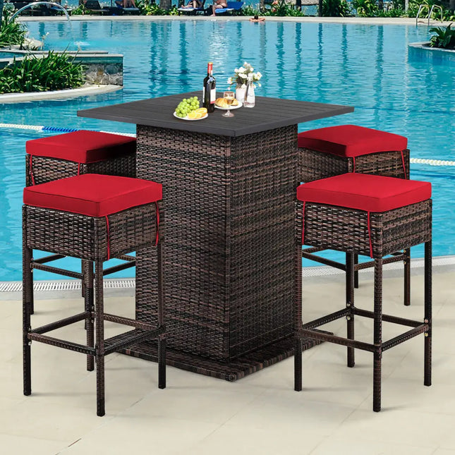 5 Pieces Patio Rattan Bar Table Stool Set Hidden Storage Shelf Cushioned-Red - Red - Patio Bar Furniture