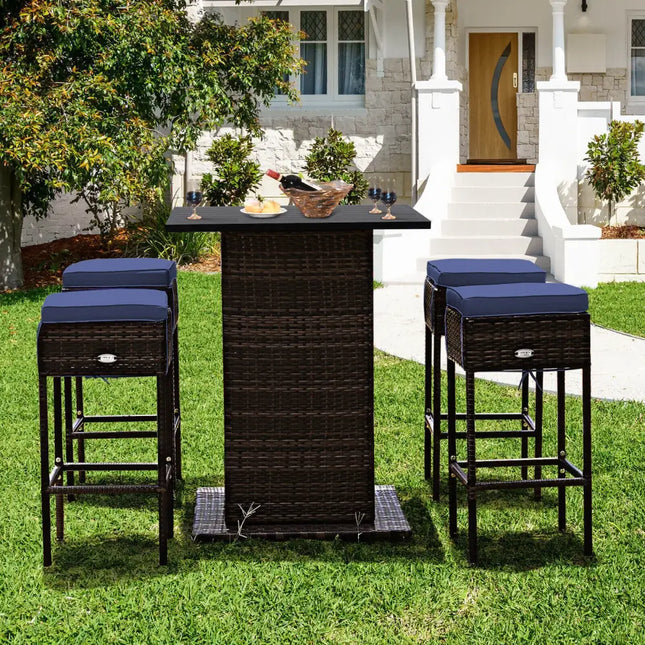 5 Pieces Patio Rattan Bar Table Stool Set Hidden Storage Shelf Cushioned-Navy - Navy - Patio Bar Furniture